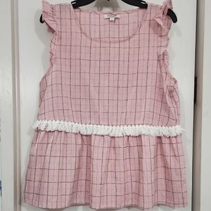 ANDREE BY UNIT Pink and White Blouse with Ruffle Sleeves NWOT